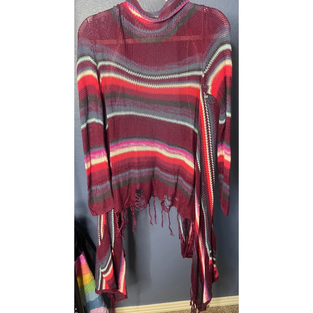 Billabong Striped Open Knit Cardigan Fringe Hem Boho Coverup Asymmetrical Large - Picture 3 of 5